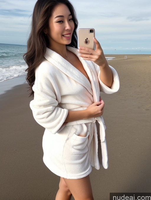 ai nude image of woman in white robe taking a selfie on the beach pics of 18 Ahegao Brunette Long Hair Asian Mirror Selfie Beach Front View Jumping Bathrobe Woman One Perfect Boobs Beautiful Small Ass Perfect Body