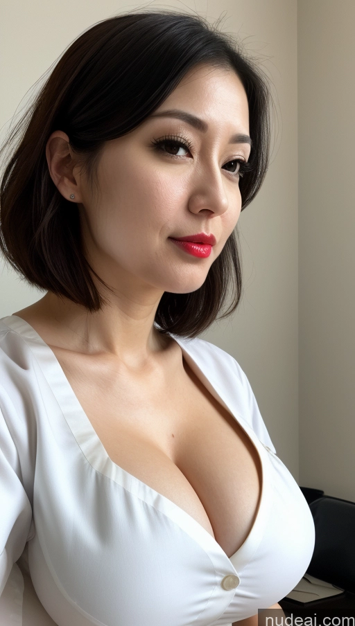 ai nude image of arafed woman in a white top with a red lip pics of Woman One Huge Boobs Beautiful Lipstick Fairer Skin Bobcut Japanese Close-up View 30s Nurse Cleavage Dress Detailed Black Hair