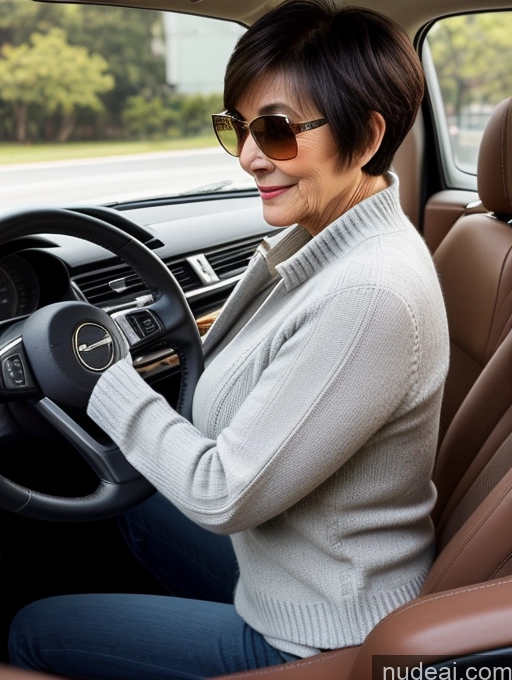 ai nude image of woman in a car with sunglasses on and a steering wheel pics of Milf Two Perfect Boobs Beautiful Sunglasses Perfect Body Short Hair Car Side View Bra Casual Professor Sweater Cleavage Detailed Sexy Face Vietnamese 70s