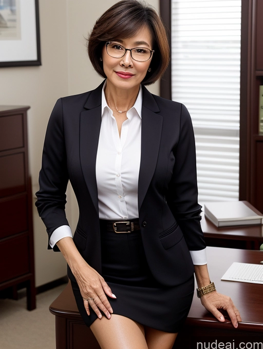 ai nude image of woman in black suit and glasses posing in office with desk pics of Milf Perfect Boobs Beautiful Glasses Perfect Body Short Hair 60s Chinese Office Blouse Casual Professor Stylish Suit Cleavage Dark Lighting Detailed Sexy Face