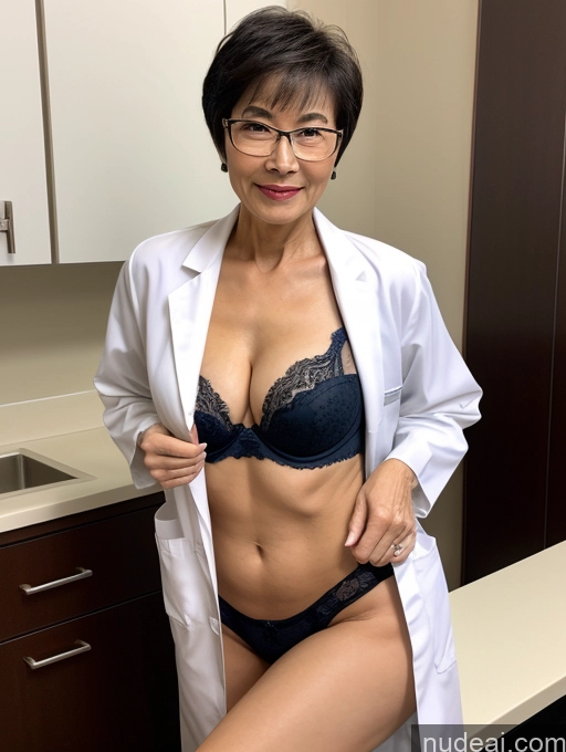 ai nude image of arafed woman in a lab coat and panties posing for a picture pics of Milf Two Perfect Boobs Beautiful Glasses Perfect Body Short Hair 70s Chinese Bra Casual Doctor Lab Coat Cleavage Dark Lighting Detailed Sexy Face