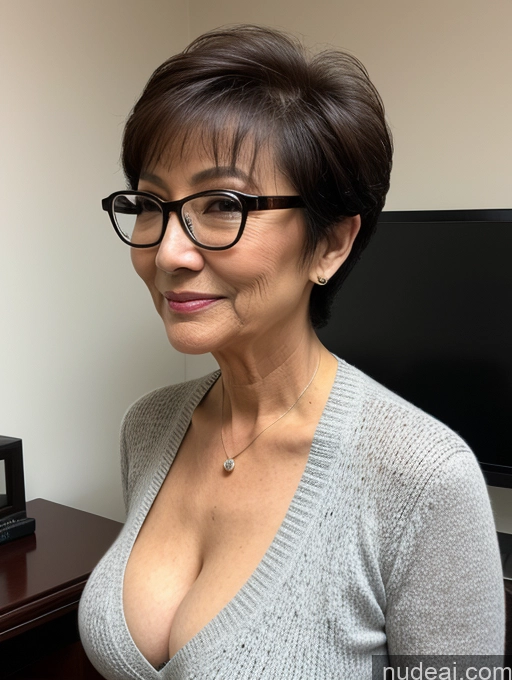 ai nude image of there is a woman with glasses and a sweater posing for a picture pics of Milf Two Perfect Boobs Beautiful Glasses Perfect Body Short Hair 70s Chinese Side View Bra Casual Professor Sweater Cleavage Dark Lighting Detailed Sexy Face