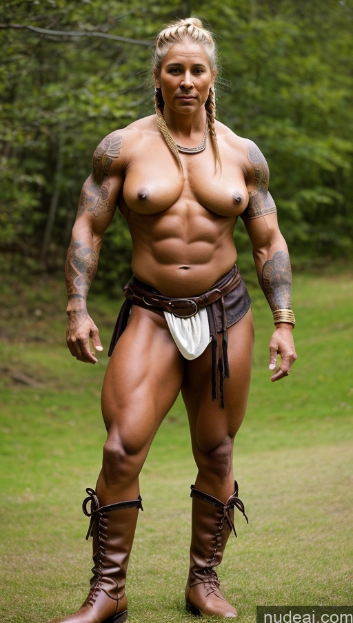 ai nude image of arafed man with a big chest and a big ass standing in a field pics of Bodybuilder Muscular Abs Nude White Hair Tanned Skin Perfect Boobs 80s Black Tattoos Boots Braided Viking Thick