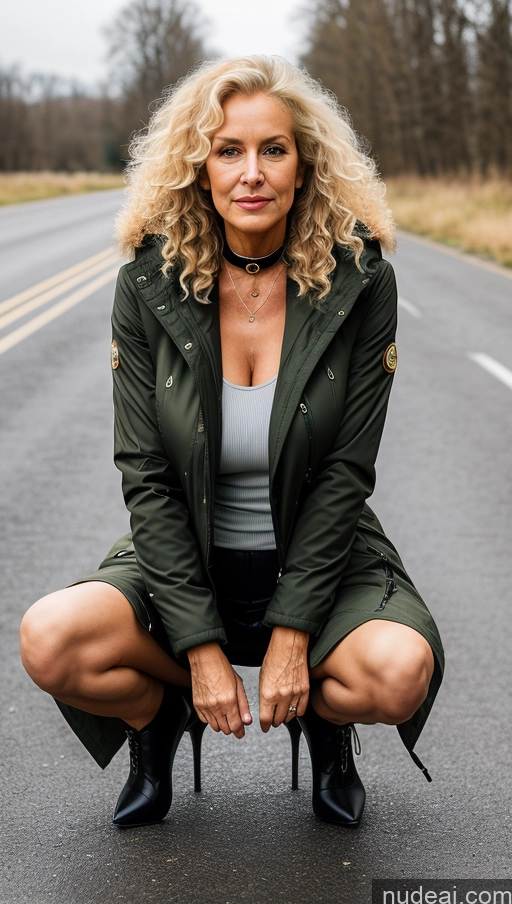 ai nude image of blond woman in military jacket crouching down on the road pics of Blonde High Heels Long Legs Choker Huge Boobs Squatting 80s Curly Hair Parka