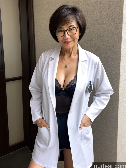 ai nude image of arafed woman in a lab coat and glasses posing for a picture pics of Milf Two Perfect Boobs Beautiful Glasses Perfect Body Short Hair 70s Chinese Bra Casual Doctor Lab Coat Cleavage Dark Lighting Detailed Sexy Face