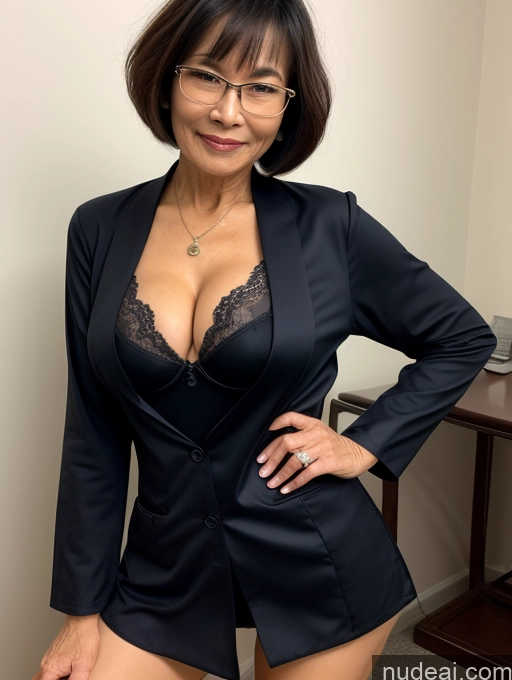 ai nude image of there is a woman in a black suit posing for a picture pics of Milf Two Perfect Boobs Beautiful Glasses Perfect Body Short Hair 70s Chinese Bra Casual Doctor Lab Coat Cleavage Dark Lighting Detailed Sexy Face