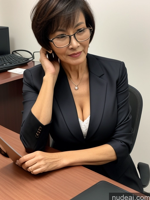 ai nude image of there is a woman sitting at a desk with a laptop and cell phone pics of Milf Perfect Boobs Beautiful Glasses Perfect Body Short Hair Chinese Office Blouse Casual Professor Stylish Suit Cleavage Dark Lighting Detailed Sexy Face 70s