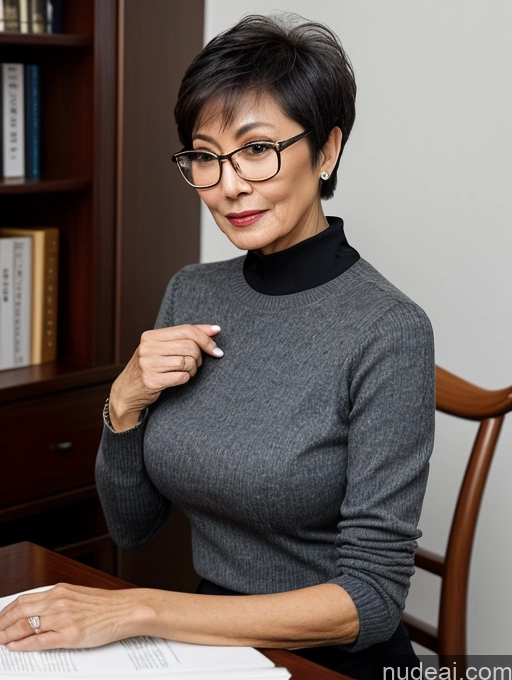 ai nude image of there is a woman sitting at a desk with a book pics of Milf Two Beautiful Glasses Perfect Body Short Hair 70s Chinese Side View Bra Casual Professor Sweater Cleavage Dark Lighting Detailed Sexy Face Small Tits