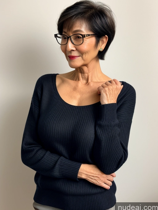 ai nude image of arafed woman with glasses and a black sweater posing for a picture pics of Milf Two Beautiful Glasses Perfect Body Short Hair 70s Chinese Side View Bra Casual Professor Sweater Cleavage Dark Lighting Detailed Sexy Face Small Tits