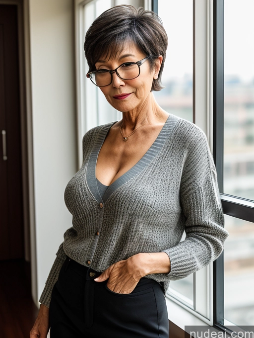 ai nude image of there is a woman standing by a window with a gray sweater pics of Milf Two Beautiful Glasses Perfect Body Short Hair 70s Chinese Side View Bra Casual Professor Sweater Cleavage Dark Lighting Detailed Sexy Face Small Tits