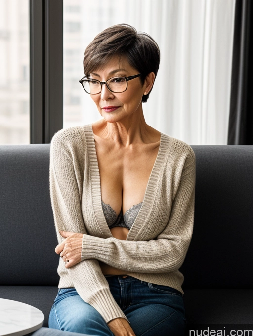 ai nude image of there is a woman sitting on a couch with her arms crossed pics of Milf Two Beautiful Glasses Perfect Body Short Hair 70s Chinese Side View Bra Casual Professor Sweater Cleavage Dark Lighting Detailed Sexy Face Small Tits Couch