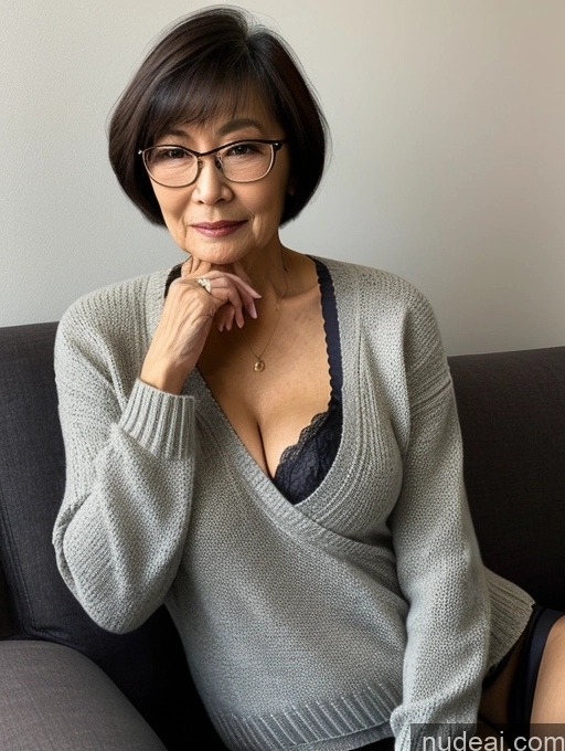 ai nude image of arafed woman sitting on a couch with her hand on her chin pics of Milf Two Beautiful Glasses Perfect Body Short Hair 70s Chinese Side View Bra Casual Professor Sweater Cleavage Dark Lighting Detailed Sexy Face Small Tits Couch