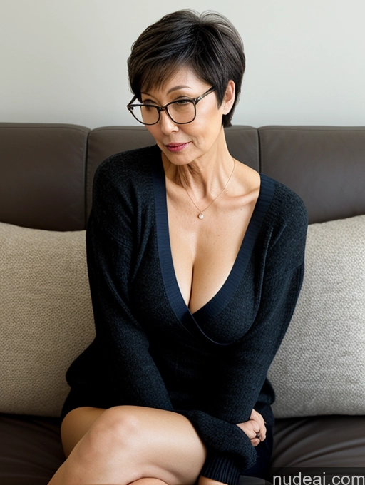 ai nude image of there is a woman sitting on a couch with a remote control pics of Milf Two Beautiful Glasses Perfect Body Short Hair 70s Chinese Side View Bra Casual Professor Sweater Cleavage Dark Lighting Detailed Sexy Face Small Tits Couch