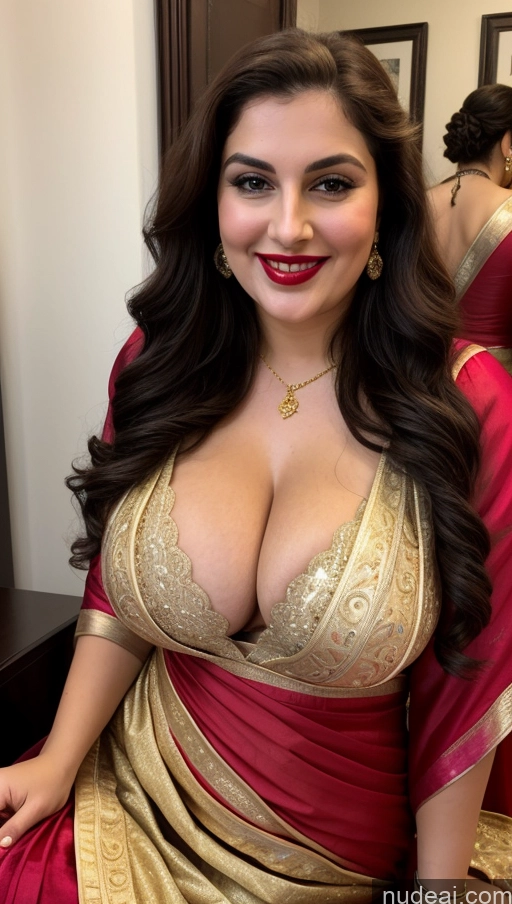 ai nude image of araffe woman in a sari posing for a picture pics of Milf Busty Beautiful Lipstick Thick Chubby Big Hips Fat Fairer Skin 20s Happy Seductive Brunette Long Hair Russian Party Front View Straddling Sari Blouse Dirndl Victorian Cleavage Gold Jewelry