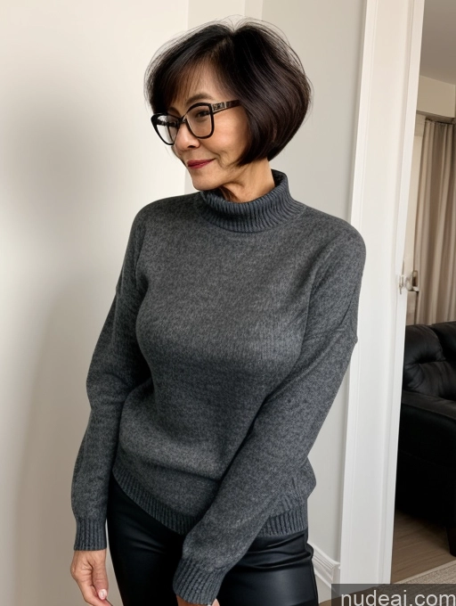 ai nude image of arafed woman in a gray sweater and black leather pants pics of Milf Two Small Tits Beautiful Glasses Perfect Body Short Hair 70s Chinese Side View Bra Casual Professor Sweater Cleavage Dark Lighting Detailed Sexy Face