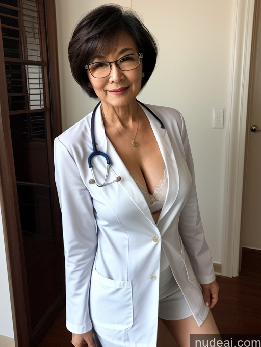 ai nude image of arafed woman in a white lab coat and glasses posing for a picture pics of Milf Two Perfect Boobs Beautiful Glasses Perfect Body Short Hair 70s Chinese Bra Casual Doctor Lab Coat Cleavage Dark Lighting Detailed Sexy Face