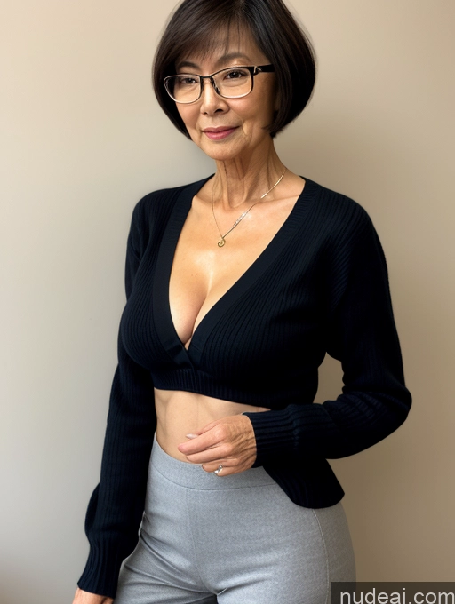 ai nude image of there is a woman with glasses and a black top posing for a picture pics of Milf Two Small Tits Beautiful Glasses Perfect Body Short Hair 70s Chinese Side View Bra Casual Professor Sweater Cleavage Dark Lighting Detailed Sexy Face