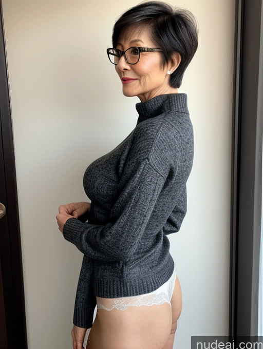 ai nude image of there is a woman in a gray sweater and panties posing for a picture pics of Milf Two Small Tits Beautiful Glasses Perfect Body Short Hair 70s Chinese Side View Bra Casual Professor Sweater Cleavage Dark Lighting Detailed Sexy Face