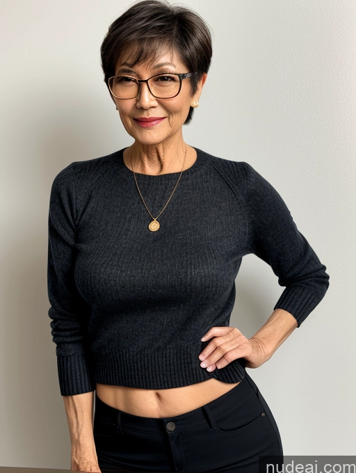 ai nude image of arafed woman in glasses and a black sweater posing for a picture pics of Milf Two Small Tits Beautiful Glasses Perfect Body Short Hair 70s Chinese Side View Bra Casual Professor Sweater Cleavage Dark Lighting Detailed Sexy Face