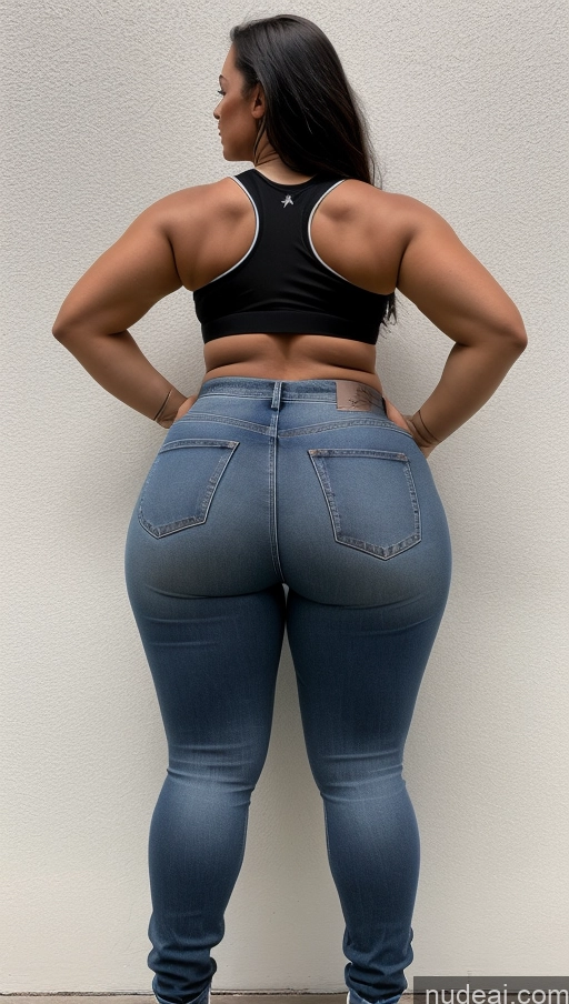 ai nude image of araffe woman in jeans and a black top standing against a wall pics of Athlete Big Hips Big Ass Jeans