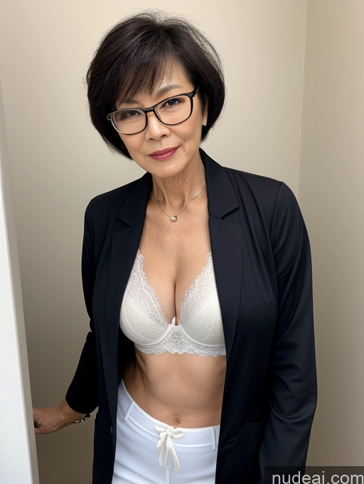 ai nude image of there is a woman in a black jacket and white panties pics of Milf Two Perfect Boobs Beautiful Glasses Perfect Body Short Hair 70s Chinese Bra Casual Doctor Lab Coat Cleavage Dark Lighting Detailed Sexy Face