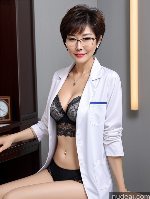 ai nude image of arafed woman in a lab coat and panties sitting on a desk pics of Milf Two Perfect Boobs Beautiful Glasses Perfect Body Short Hair 70s Chinese Bra Casual Doctor Lab Coat Cleavage Dark Lighting Detailed Sexy Face