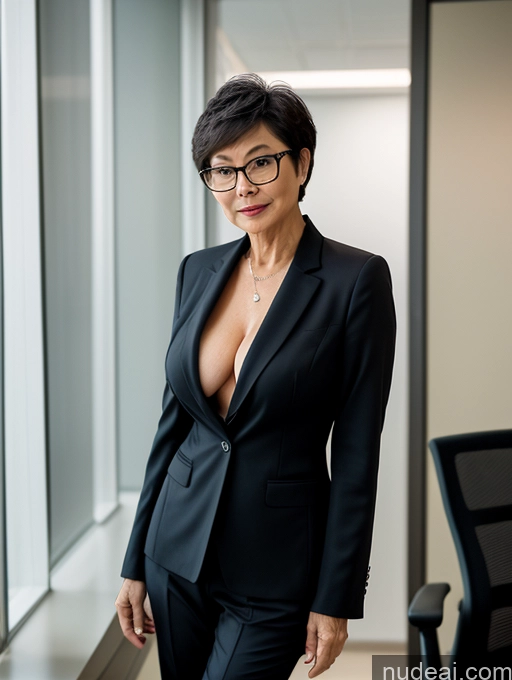 ai nude image of there is a woman in a suit and glasses standing by a window pics of Milf Perfect Boobs Beautiful Glasses Perfect Body Short Hair Chinese Office Blouse Casual Professor Stylish Suit Cleavage Dark Lighting Detailed Sexy Face Topless 70s