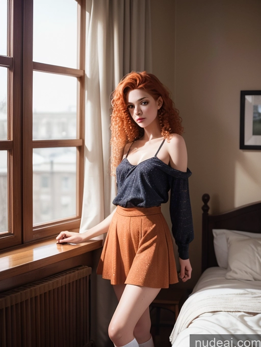 ai nude image of there is a woman standing by a window in a room pics of Model Small Tits Beautiful Skinny 18 Serious Bedroom Bright Lighting Long Skirt High Socks Front View Irish Ginger Curly Hair