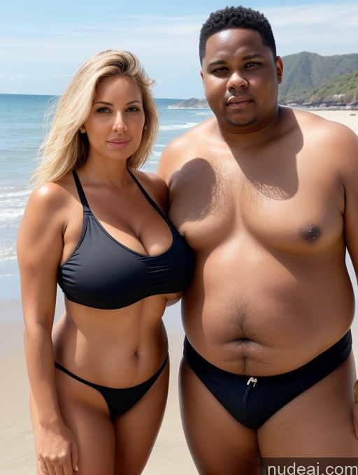 ai nude image of they are two people standing on the beach posing for a picture pics of Huge Boobs Fat Chubby Tanned Skin Blonde Long Hair Front View Casual Sad Serious 60s Black Beach Microkini Woman + Man