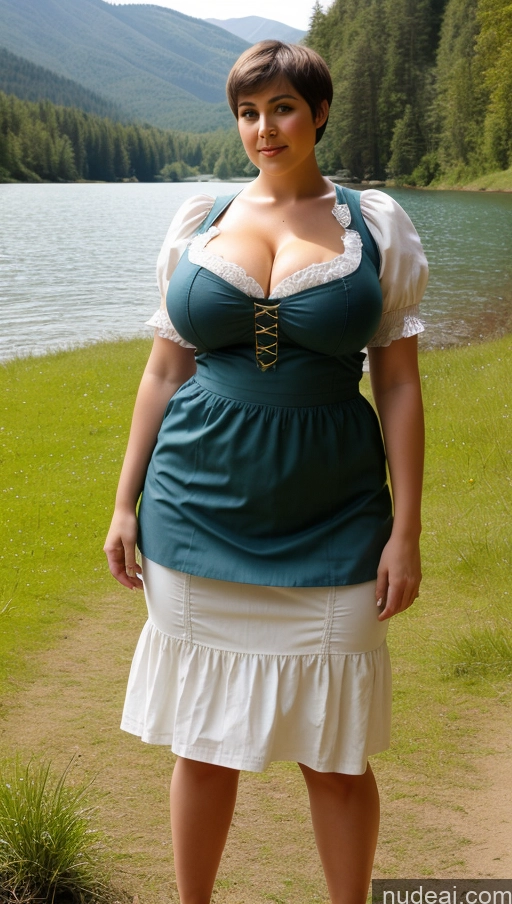 ai nude image of there is a woman in a dress standing by a lake pics of Huge Boobs Busty Big Ass Perfect Boobs Thick Big Hips Perfect Body Dirndl Simple Short Hair Pubic Hair Lake Chubby Micro Skirt Traditional