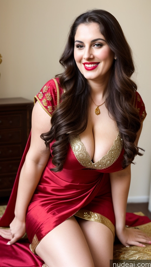 ai nude image of araffe woman in a red dress posing on a bed pics of Milf Busty Beautiful Lipstick Thick Chubby Big Hips Fat Fairer Skin 20s Happy Seductive Brunette Long Hair Russian Party Front View Straddling Sari Blouse Dirndl Victorian Cleavage Gold Jewelry