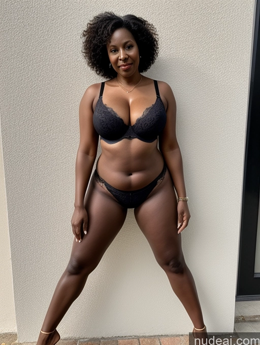 ai nude image of there is a woman in a black bra top and panties posing for a picture pics of Milf Two Thick Long Legs Dark Skin 50s Sexy Face Black Hair Curly Hair Black Wedding Rings Bra Busty T-pose