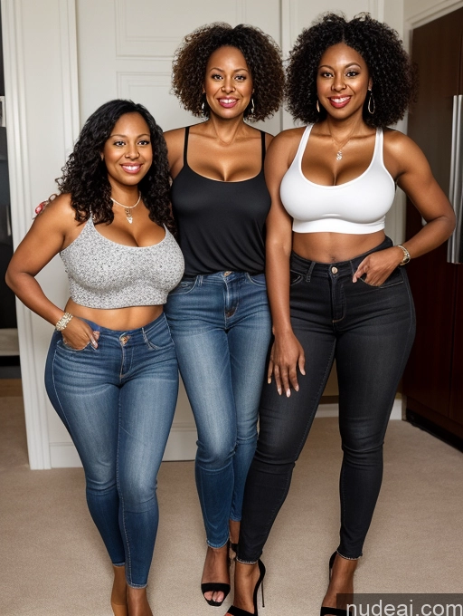 ai nude image of three women standing in a room with one wearing a bra top pics of Milf Two Thick Long Legs Dark Skin 50s Sexy Face Black Hair Curly Hair Black Wedding Rings Busty T-pose Jeans