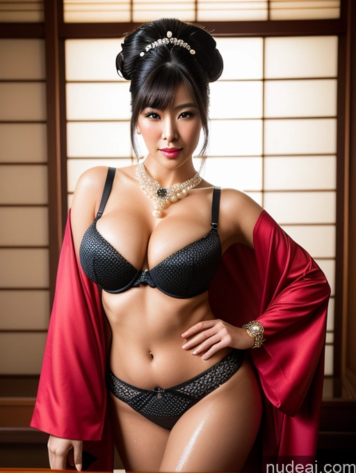 ai nude image of araffe woman in a black bra and red robe posing for a picture pics of Busty Perfect Boobs Big Hips Long Legs Oiled Body Sexy Face Black Hair Japanese Onsen Fantasy Armor Push-up Bra Diamond Jewelry Jewelry Pearl Jewelry Hair Bun Geisha