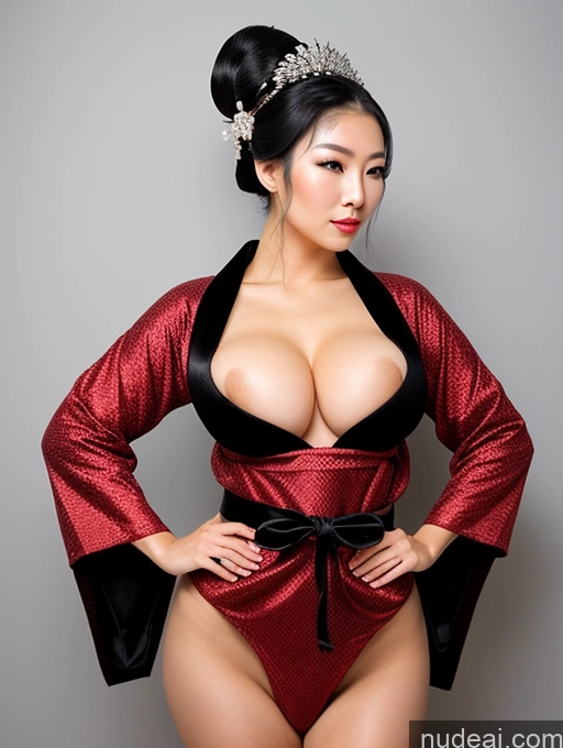 ai nude image of araffed asian woman in a red and black outfit posing for a picture pics of Busty Perfect Boobs Big Hips Long Legs Oiled Body Sexy Face Black Hair Japanese Onsen Fantasy Armor Diamond Jewelry Jewelry Pearl Jewelry Geisha Kimono Hair Tied Up Sweater