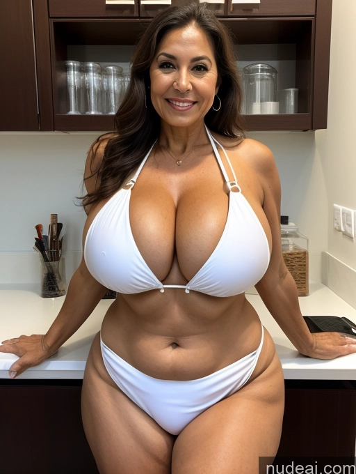 ai nude image of arafed woman in a white bikini posing in a kitchen pics of Milf One Huge Boobs Busty Tanned Skin 70s Front View Microkini Thong Brazilian Lab Coat Professor