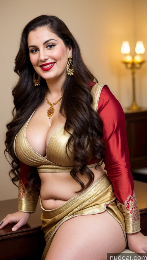 ai nude image of araffe woman in a gold outfit posing for a picture pics of Milf Busty Beautiful Lipstick Fairer Skin 20s Happy Seductive Brunette Long Hair Russian Party Front View Straddling Sari Blouse Dirndl Victorian Cleavage Gold Jewelry Chubby Big Hips Fat Thick