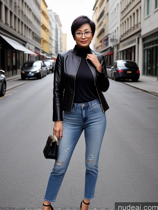 ai nude image of araffe woman in black jacket and jeans standing on street corner pics of Milf Small Tits Perfect Body Beautiful Glasses Sexy Face Short Hair Chinese Casual Blouse Jeans Jacket High Heels Stylish Detailed Dark Lighting 50s