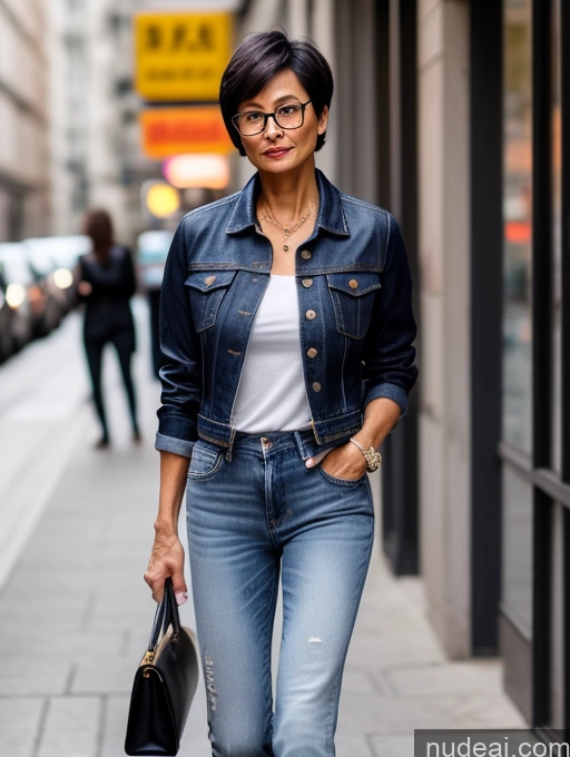 ai nude image of woman in jeans and a denim jacket walking down a city street pics of Milf Small Tits Perfect Body Beautiful Glasses Sexy Face Short Hair Casual Blouse Jeans Jacket High Heels Stylish Detailed Dark Lighting 50s Asian