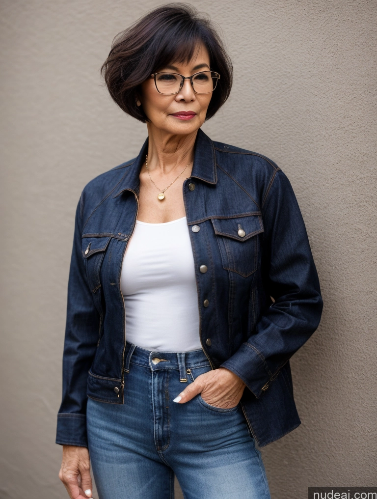 ai nude image of arafed woman in a white tank top and blue jeans leaning against a wall pics of Milf Small Tits Perfect Body Beautiful Glasses Sexy Face Short Hair Casual Blouse Jeans Jacket High Heels Stylish Detailed Dark Lighting Asian 70s