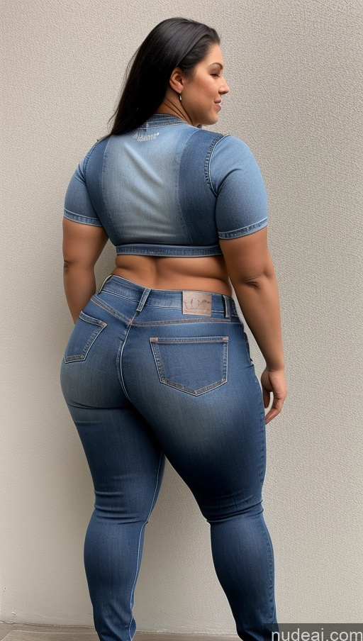 ai nude image of a woman in a blue jeanie top and jeans standing against a wall pics of Athlete Big Ass Big Hips Jeans