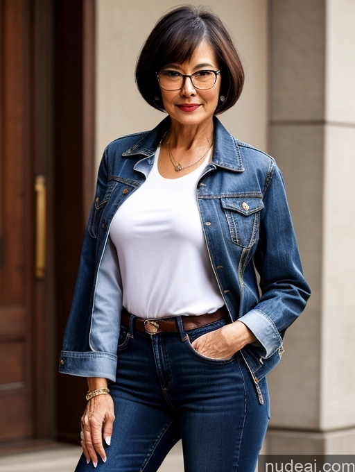 ai nude image of arafed woman in jeans and a white shirt and a denim jacket pics of Milf Small Tits Perfect Body Beautiful Glasses Sexy Face Short Hair Casual Blouse Jeans Jacket High Heels Stylish Detailed Dark Lighting Asian 70s