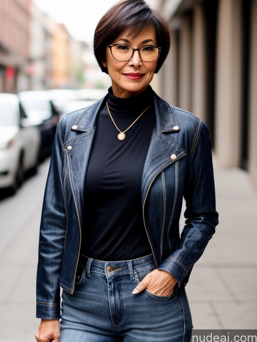 ai nude image of arafed woman in a black top and jeans and a leather jacket pics of Milf Small Tits Perfect Body Beautiful Glasses Sexy Face Short Hair Casual Blouse Jeans Jacket High Heels Stylish Detailed Dark Lighting Asian 70s