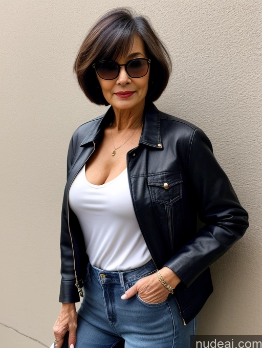 ai nude image of arafed woman in a white shirt and black jacket leaning against a wall pics of Milf Small Tits Perfect Body Beautiful Glasses Sexy Face Short Hair Casual Blouse Jeans Jacket High Heels Stylish Detailed Dark Lighting Asian 70s