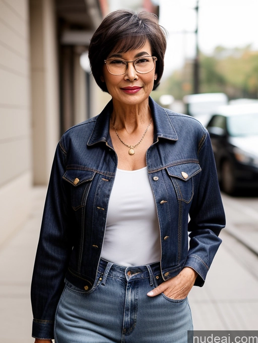 ai nude image of arafed woman in a denim jacket and jeans standing on a sidewalk pics of Milf Small Tits Perfect Body Beautiful Glasses Sexy Face Short Hair Casual Blouse Jeans Jacket High Heels Stylish Detailed Dark Lighting Asian 70s