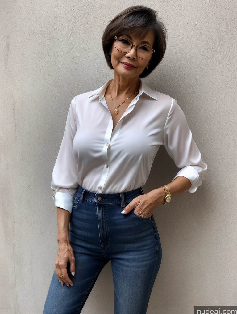 ai nude image of arafed woman in a white shirt and jeans posing for a picture pics of Milf Small Tits Perfect Body Beautiful Glasses Sexy Face Short Hair Casual Blouse Jeans High Heels Stylish Detailed Dark Lighting 70s Suit Vietnamese