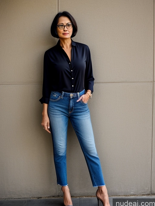 ai nude image of arafed woman in black shirt and jeans leaning against a wall pics of Milf Small Tits Perfect Body Beautiful Glasses Sexy Face Short Hair Casual Blouse Jeans High Heels Stylish Detailed Dark Lighting 70s Suit Vietnamese