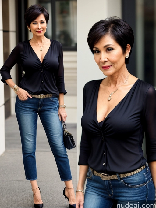 ai nude image of araffe woman in black shirt and jeans posing for a picture pics of Milf Small Tits Perfect Body Sexy Face Casual Blouse Jeans High Heels Stylish Detailed Dark Lighting 70s Suit Pixie Thai