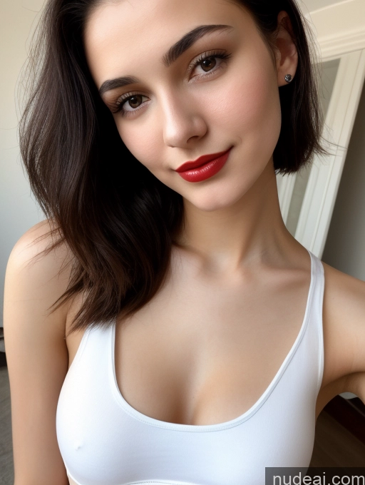 ai nude image of arafed woman with a red lip and a white bra top pics of Small Tits Beautiful Lipstick Skinny 18 Black Hair Straight Russian Close-up View Tank Top