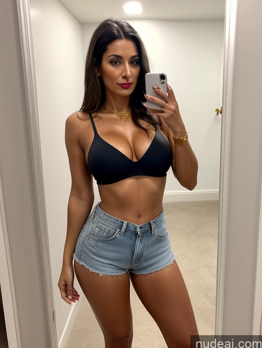 ai nude image of araffed woman taking a selfie in a mirror in a room pics of Lipstick Pubic Hair Diamond Jewelry Gold Jewelry Serious Big Hips Thick Small Tits Oiled Body Changing Room Italian Brunette Tanned Skin Long Hair Mirror Selfie 70s Pearl Jewelry High Heels Short Shorts Milf Spreading Legs